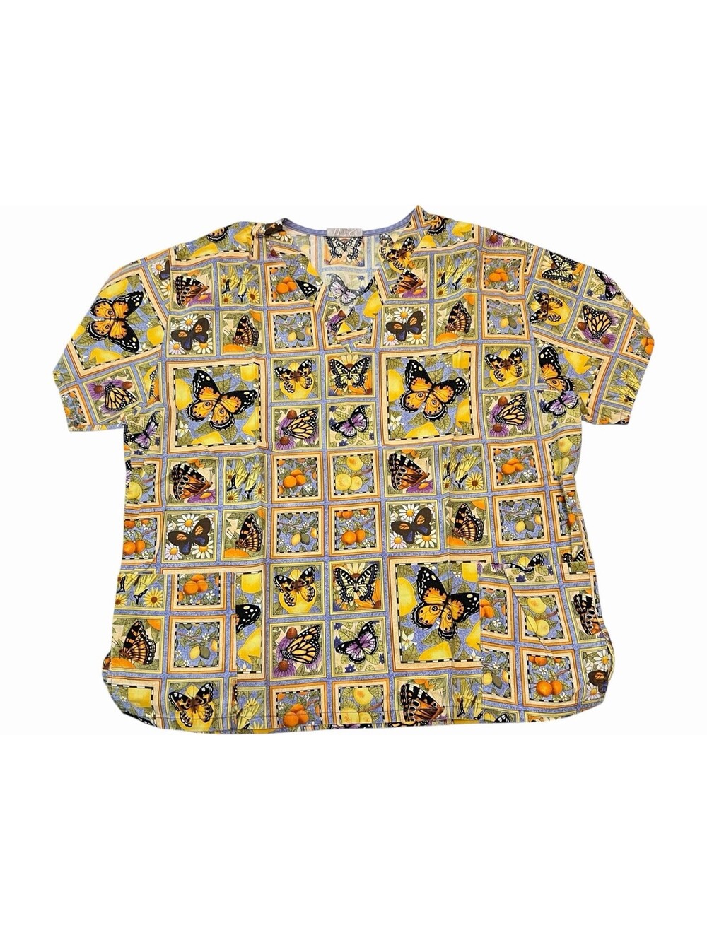 White Swan Scrub Top Medium Yellow Butterfly Print V-Neck w/Front Pockets